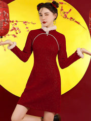 Original Creation A-Line Long Sleeves Beaded Split-Joint Stand Collar Short Cheongsams