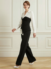 Elasticated Waist Irregularity Asymmetric Buttoned Contrast Color Split-Joint V-Neck Blouses&Shirts Tops