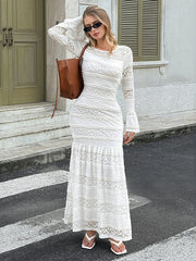 Flower Print Pleated See-Through Solid Color Split-Joint Textured Bodycon Flared Sleeves Round-Neck Maxi Dresses