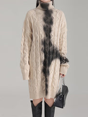 Contrast Color Long Sleeves Loose High Neck Sweater Dresses Mini Dresses