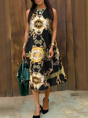 Contrast Color Pockets A-Line Sleeveless Round-Neck Midi Dresses