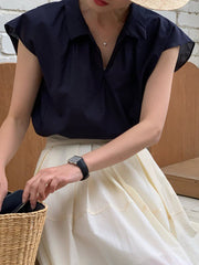 Solid Color Cap Sleeve Loose Lapel Blouses&Shirts Tops