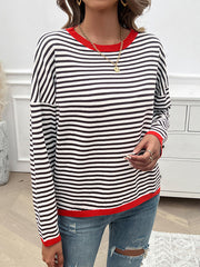Split-Joint Striped Long Sleeves Loose Round-Neck Sweater Tops Pullovers