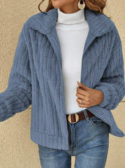 Solid Color Velvet Zipper Long Sleeves Plus Size Lapel Outerwear