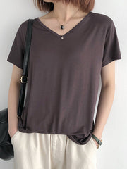 Simple Casual Solid Color V-Neck Short Sleeves T-Shirt Top