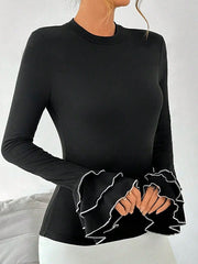 Flared Sleeves Long Sleeves Split-Joint Tiered Round-Neck T-Shirts Tops