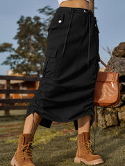 Drawstring Elasticity Pockets Solid Color Split-Back A-Line Loose Skirts Bottoms