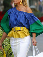 Belted Color-Block Falbala Loose One-Shoulder Shirts Tops