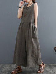 Plaid Split-Joint Loose Sleeveless Round-neck Jumpsuits