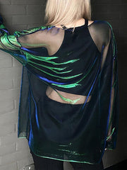 Gauze See-Through Long Sleeves Loose Round-neck T-Shirts Tops