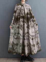 Pleated Split-Joint Tie-dyed Long Sleeves Loose Stand Collar Midi Dresses