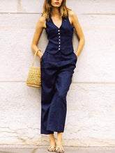 Solid Color Buttoned Deep V-Neck Sleeveless Vest Top + Pleated Straight Leg Pants Bottom Two Pieces Set