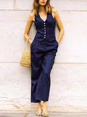Solid Color Buttoned Deep V-Neck Sleeveless Vest Top + Pleated Straight Leg Pants Bottom Two Pieces Set