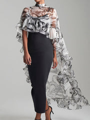 Floral Flower Print Pleated See-Through Split-Joint Sun Protection High-Low Loose Stand Collar Blouses&Shirts Tops