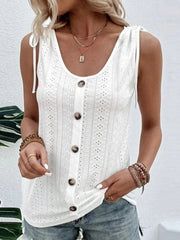 Buttoned Hollow Pleated Split-Joint Tied Loose Plus Size U-neck Vest Top