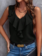 Ruffled Solid Color Loose Sleeveless V-Neck Vest Top
