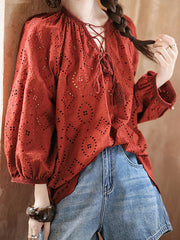 Hollow Pleated Solid Color Split-Joint Tied Long Sleeves Loose V-Neck Blouses&Shirts Tops