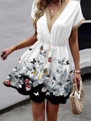 Butterfly Print Elasticity Hollow Split-Joint Tasseled Tied Waist A-line Loose V-neck Mini Dresses