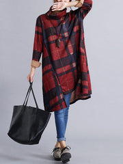 Artistic Retro Loose Long Sleeves Contrast Color Plaid Heaps Collar Midi Dresses