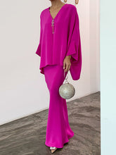V-Neck Batwing Sleeves Loose Rhine Stones Tasseled Shirts Top + Skirts Bottom Two Pieces Set