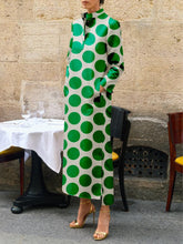 Polka-Dot Split-Side Long Sleeves Loose Stand Collar Midi Dresses