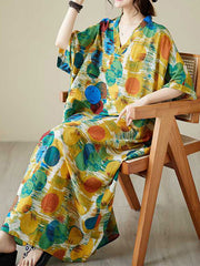 Contrast Color Polka-Dot Batwing Sleeves Half Sleeves V-Neck Maxi Dresses