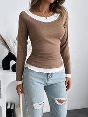 Contrast Color Split-Joint False Two Long Sleeves Round-Neck T-Shirts Tops