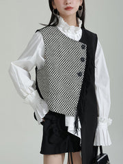 Asymmetric Buttoned Houndstooth Ruffle Sleeves Sleeveless Vest Outerwear