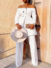 Buttoned High-Waisted Solid Color Long Sleeves Off-The-Shoulder Blouses&Shirts Tops&Pants Bottoms Two Pieces Set