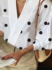 Loose Puff Sleeves Polka-Dot Lapel Collar Blouses&Shirts Tops