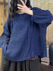Pleated Solid Color Long Sleeves Loose Round-Neck T-Shirts