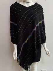 Asymmetric Contrast Color Tasseled Loose V-Neck Shawl&Cloak Cape