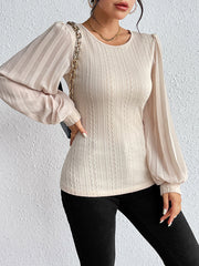 Pleated Solid Color Split-Joint Long Sleeves Loose Round-Neck T-Shirts Tops