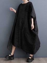 Asymmetric Flower Shape Gauze Jacquard Pleated Solid Color Split-Joint Batwing Sleeves Loose Round-Neck Midi Dresses