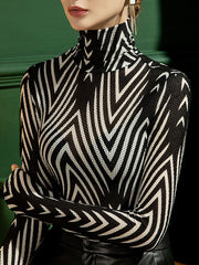 Striped Long Sleeves Skinny High-Neck T-Shirts Tops