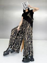 Asymmetric Contrast Color Printed Split-Joint Loose Sleeveless Spaghetti-Neck Overalls