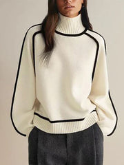 Contrast Color Split-Joint Long Sleeves Loose High Neck Sweater Tops Pullovers
