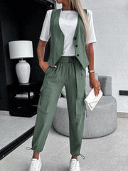 Loose Buttoned Striped V-Neck Vest Top + Pockets Ninth Pants Drawstring Pleated Pants Bottom Two Pieces Set
