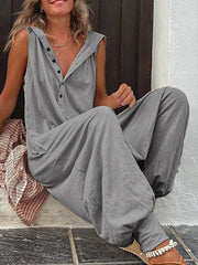 Buttoned Loose Sleeveless V-neck Jumpsuits