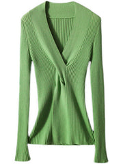 Urban Skinny Cross Twist Solid Color V-Neck Sweater Tops