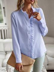 Asymmetric Buttoned Ruffled Striped Long Sleeves Mock Neck Blouses&shirts Tops