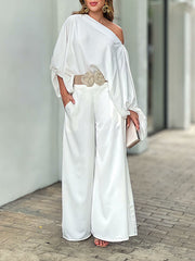 Loose Solid Color Cap Sleeve Off-the-shoulder Blouses & Pants Two Pieces Set