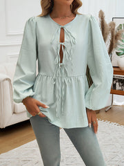 Long Sleeves Loose Elasticity Pleated Striped Tied Round-Neck Blouses&Shirts Tops