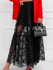 Elasticity See-Through Split-Joint A-Line Loose Skirts Bottoms