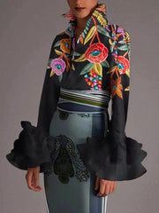 Buttoned Contrast Color Flower Print Flared Sleeves Long Sleeves Lapel Blouses&Shirts Tops