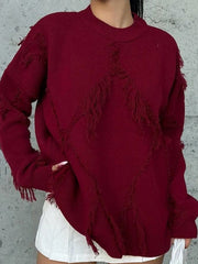 Solid Color Tasseled Long Sleeves Loose Round-Neck Sweater Tops Pullovers