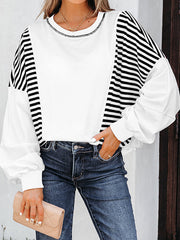 Contrast Color Striped Long Sleeves Loose Round-neck Sweatshirt Tops