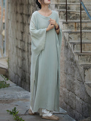 Solid Color Split-Joint Split-Side Batwing Sleeves Round-Neck Midi Dresses