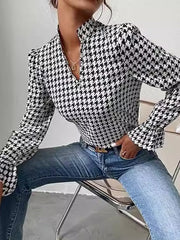 Elasticity Houndstooth Split-Joint Long Sleeves Loose V-Neck Blouses&Shirts Tops