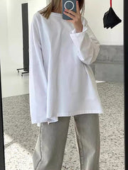Solid Color Split-Joint Split-side High-low Long Sleeves Round-neck T-shirts